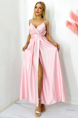 Rochie satinata Jhade, croiala decupata, cordon si bretele subtiri, Roz deschis, Marime S/M