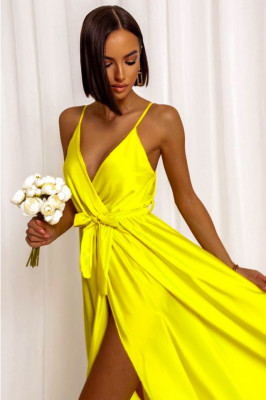 Rochie satinata Jhade, croiala decupata, cordon si bretele subtiri, Galben, Marime S/M