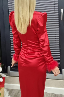 Rochie satinata Marinea, decolteu adanc, petrecut, crapatura pe picior, fronseuri ample, si maneci bufante cu mansete din puf, Rosu, poze spate