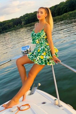Rochie scurta AUGUSTina Print, cu imprimeu fructat si volane asimetrice, Noble Lemon, Marime S/M lateral