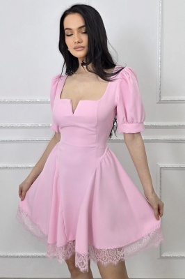 Rochie scurta babydoll Amandine, cu spatele gol si cordon, Roz