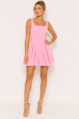 Rochie scurta babydoll MARA, cu spatele gol si funda, ROZ, Marime S/M/L