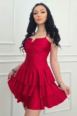 Rochie scurta de ocazie, VALORIA, cu volane si bretelute, Rosu, Marime S/M