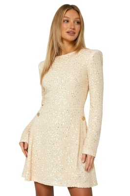 Rochie scurta, evazata ORYA, cu paiete si fermoar, Crem, Marime S/M