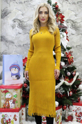 Rochie trei sferturi Quenea, tricotata, cambrata, material texturat elastic si franjuri, Galben, Marime: OneSize S/M/L