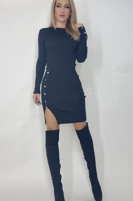 Rochie tricotata midi Petra, accesorizata cu nasturi, Negru4