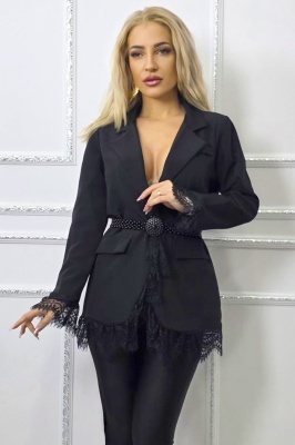 Sacou lung WALERIA, cu broderie neagra din dantela, Negru, Marime S/M