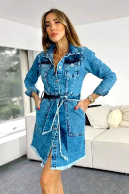 Sarafan asimetric Mera, din denim, cordon si maneca lunga, Albastru 2