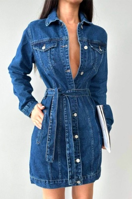 Sarafan de blugi FERRA, cu cordon si buzunare oblice, Albastru denim detaliu