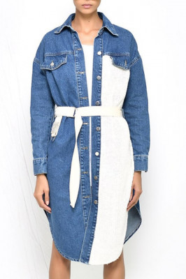 Sarafan Vivole, denim, inchidere cu nasturi, cordon in talie, bicolor2