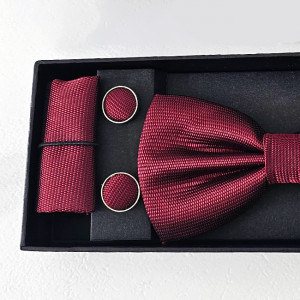 Set 3 piese Gentleman, pentru barbati, papion, buton si batista din stofa, Bordo 1
