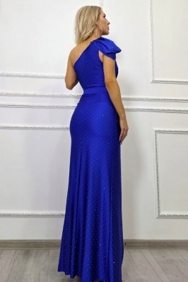 rochie lunga albastru royal cu un umar si cristale fine