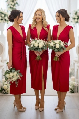 Set 4x Rochie lunga satinata Ilaria, cu crapatura pe picior, Rosu, Marime S/M