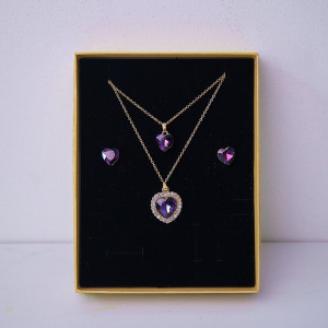 Set accesorii Danser a Deux, din inox, cu cercei, pandativ cu pietre si sirag cu doua lanturi, in cutie eleganta, Gold Heart Mov