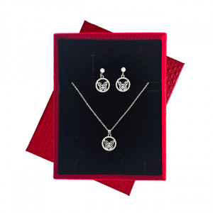 Set accesorii Feeling, din inox, cu cercei forma fluture, lantisor si pandativ cu cristale, in cutie eleganta, Argintiu 3