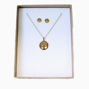 Set accesorii Pomul vietii Golden, din inox, cu cercei, lantic si pandantiv asortat, in cutie cadou, Auriu1