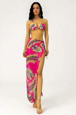 Set plaja trei piese YARINA, fusta cu snur reglabil, slip brazilian si sutien, Fucsia
