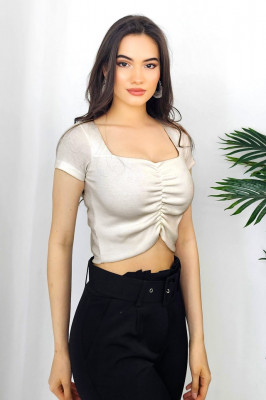 Top scurt Dao, cu efect drapat si decolteu amplu, Crem deschis, Masura universala S/M2