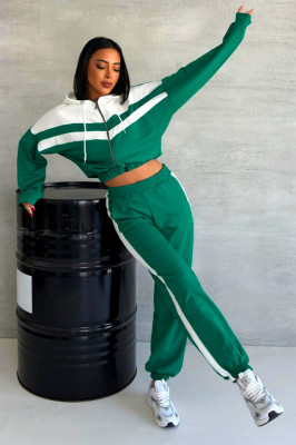 Trening bumbac Cerasela, imprimeu bicolor, bluza scurta cu fermoar si pantaloni, Verde 4