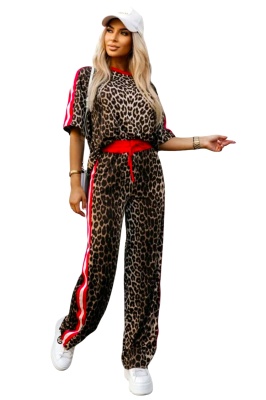 Trening catifelat FELINA, animal print, tricou si pantaloni cu snur, Rosu Leopard
