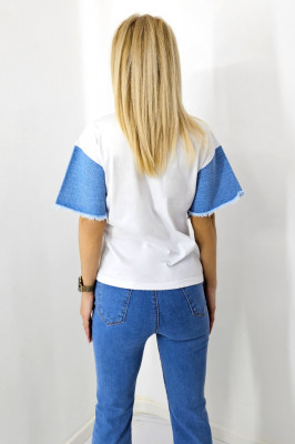 Tricou bumbac Kriss, cu doua texturi, denim la maneci si buzunar practic cu franjuri spate