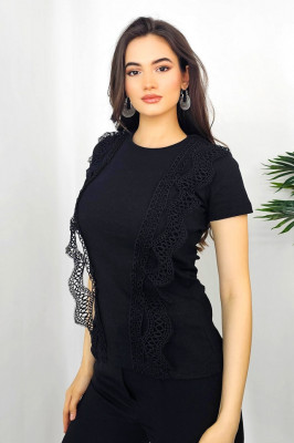 Tricou dama Abe, cu rejansa din dantela si textura striata, Negru, Marime universala S/M1