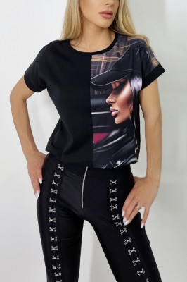 Tricou dama Blooming, cu imprimeu grafic "Glam", Negru1