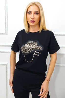 Tricou de dama cu imprimeu animal print AMOO si cristale artizanale Theodore Negru