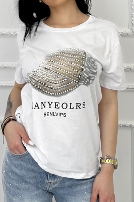 Tricou de dama din bumbac, Lumiberet cu cristale si imprimeu sapca , Alb