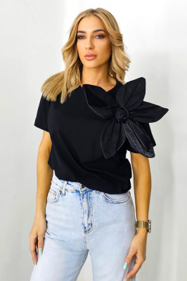 Tricou bumbac Boemia, cu detaliu floral supradimensionat, in relief, Negru 3