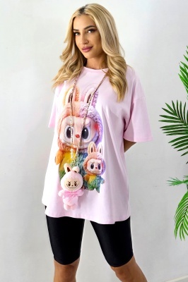 Tricou lung imprimat BuBu TOY si colier cu jucarie plus, Roz, Marime S/M/L