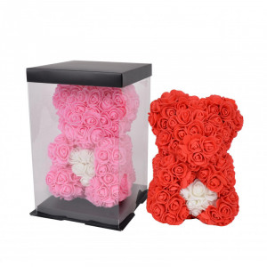 Ursulet Floral din Trandafiri de spuma cu inima, in cutie cu funda, 25 cm 4