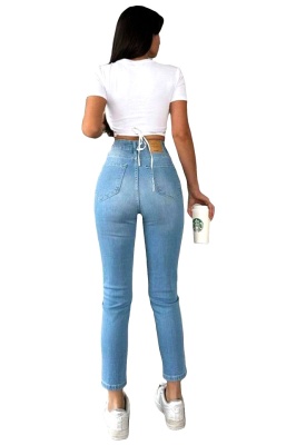 Blugi boyfriend Guasave, cu textura elastica si perforatii, Albastru zapada 6