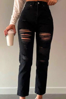 Blugi boyfriend TEHE, cu perforatii ample pe linia piciorului, Negru