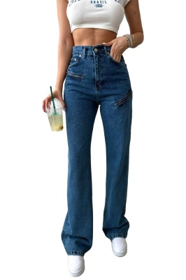 Blugi dama croi wide leg, Frisco, si decupaje cu fermoar, Albastru denim 5