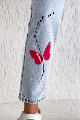 Blugi dama mom fit, Loose, cu desen imprimat si talie inalta, Flower5