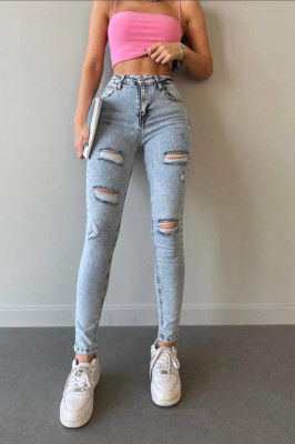 Blugi dama skinny, Abas, cu talie inalta, perforatii ample asimetrice si super elastan, Albastru3