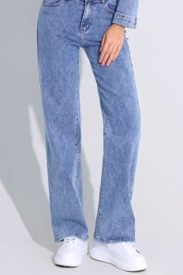 Blugi de dama Phoenix Romb, croiala relaxed fit, cu imprimeu geometric, Albastru denim intens