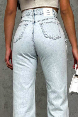 Blugi mom fit Austin, cu perforatii ample si talie inalta spate