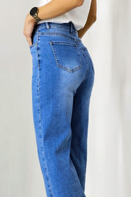 Blugi mom fit MonTery, cu slit scurt pe picior si lungime oversize, Albastru prespalat 2