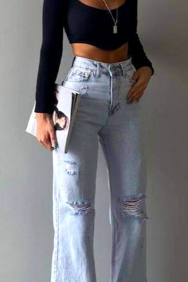 Blugi mom fit MonTery, fara textura elastica, cu slit scurt pe picior si perforatii multiple 1