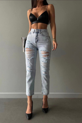 Blugi mom fit Stranger, cu talie inalta, perforatii frontale, buzunare si croiala regular fit, Albastru zapada