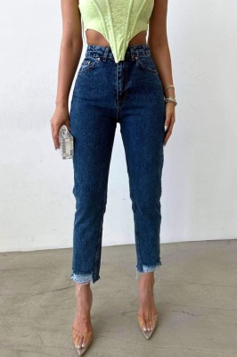 Blugi mom slimfit Colombo, cu perforatii la baza piciorului si talie inalta, Albastru denim