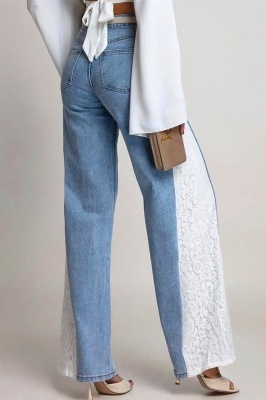 Blugi wide leg Brooklyn, cu textura elastica si dantela, Albastru deschis detaliu spate