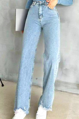 Blugi wide leg Yukatan, cu tiv perforat si aspect prespalat, Albastru zapada 3