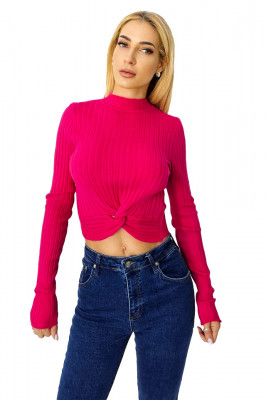 Bluza casual Claudine, cu guler inalt si detaliu impletit, Rosu 