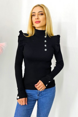 Bluza casual Elisa, cu nasturi decorativi si volane ample, Negru, Marime S/M 2