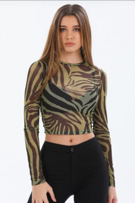 Bluza crop Valery, cu textura transparenta si maneca lunga, Bej2