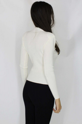 Bluza tricot Lya, cu guler inalt, striatii si aplicatii metalice, Alb1