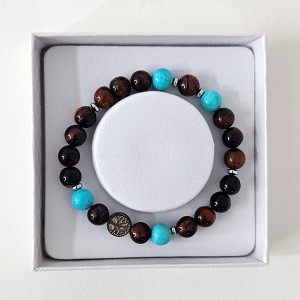 Brățară Amethyst Red Tiger Eye & Turquoise, din pietre semiprețioase si charm pomul vietii, in cutie cadou